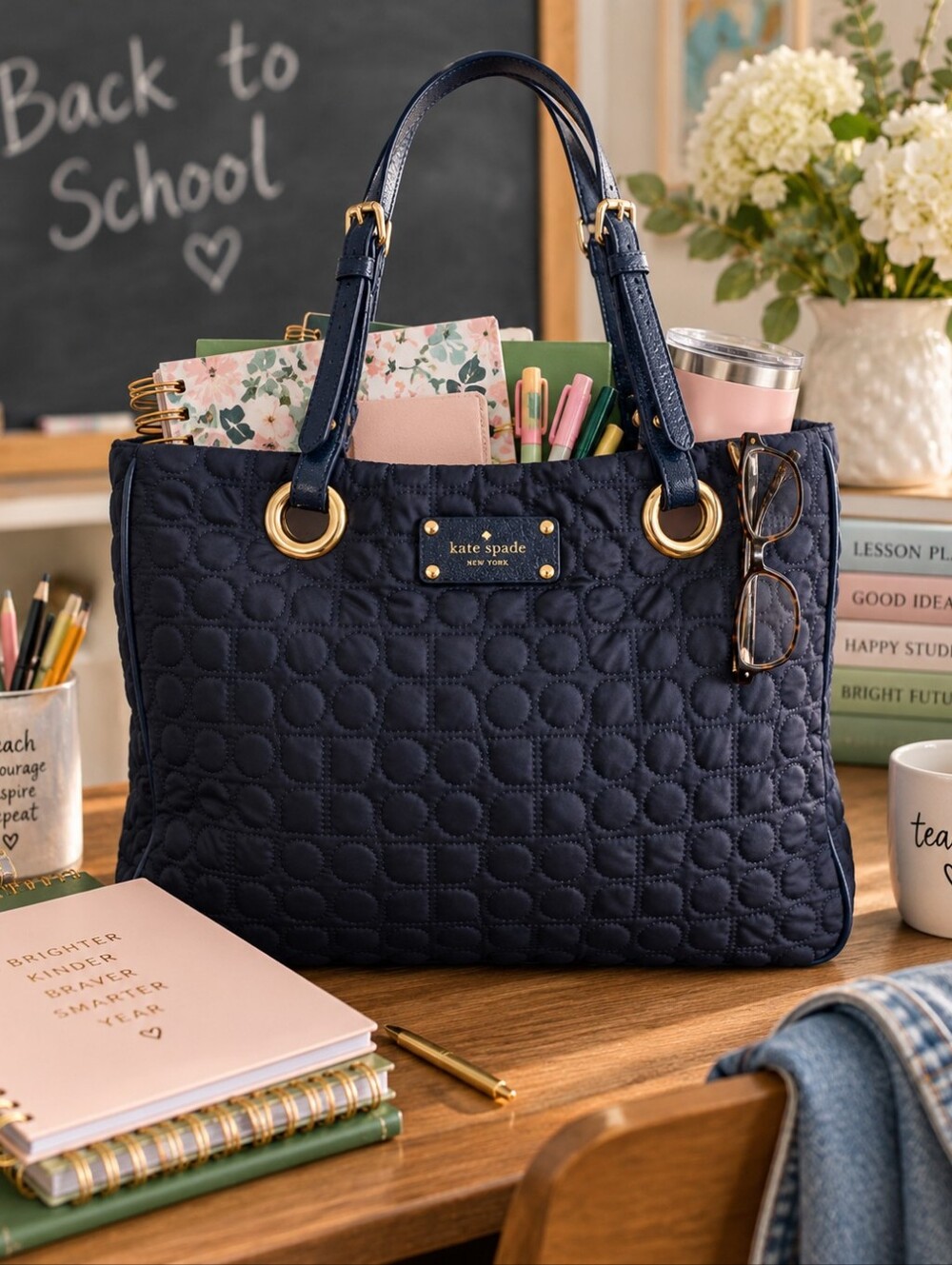 Kate Spade Navy Quilted Nylon Tote Bag Gold Hardware Green Lining